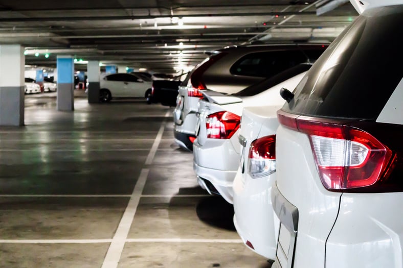 cars in parking garage interior